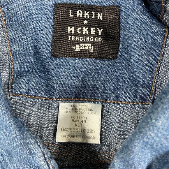 Lakin McKey Shirt Mens Size XLT Blue Denim Western Pearl Snap Work Cowboy - Picture 3 of 8